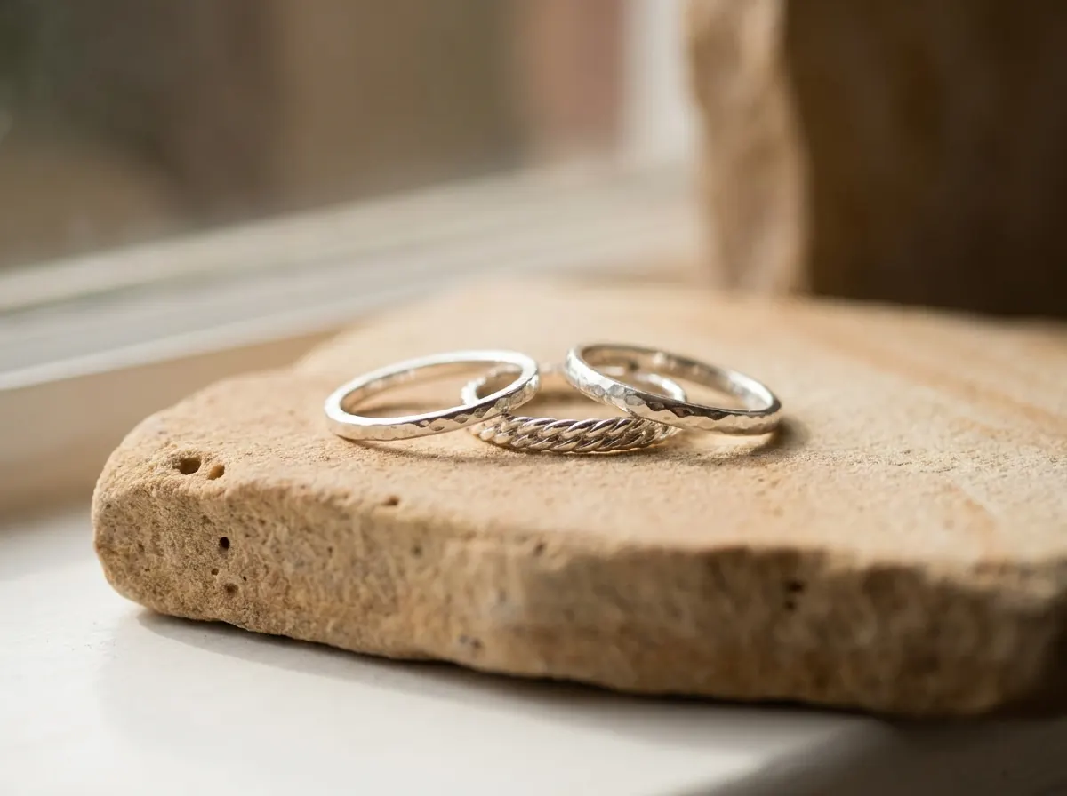 Anillos de plata artesanales sobre una superficie de piedra, luz cálida